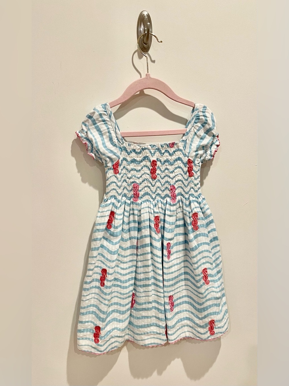Blue & White Striped Dress with Pink Embroidered Sea Horses - Sz. 24 mo.